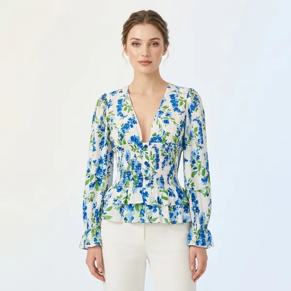 Blue_Floral_Viscose_Rayon_Smocked_Waist_Peplum_Top_For_Women