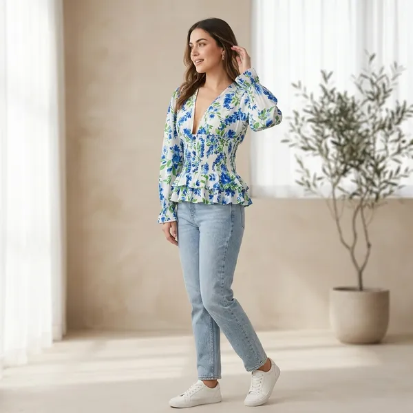 Blue_Floral_Viscose_Rayon_Smocked_Waist_Peplum_Top_For_Women