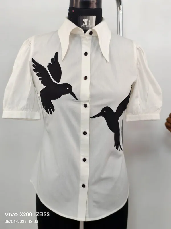 White_Cotton_Hummingbird_Embroidered_Collared_Shirt_For_Women