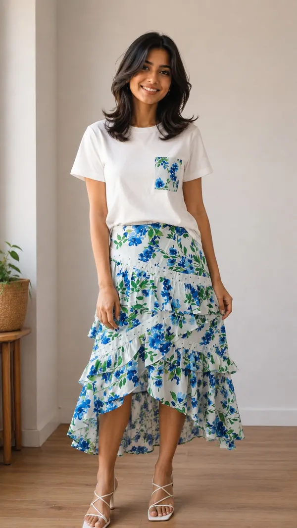 White_Blue_Floral_Viscose_Rayon_T-Shirt_Tiered_Skirt_Co-Ord_Set_For_Women