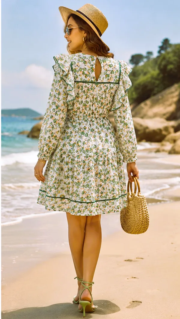 Green_leafy_Print_Viscose_Rayon_Ruffle_Dress_For_Women