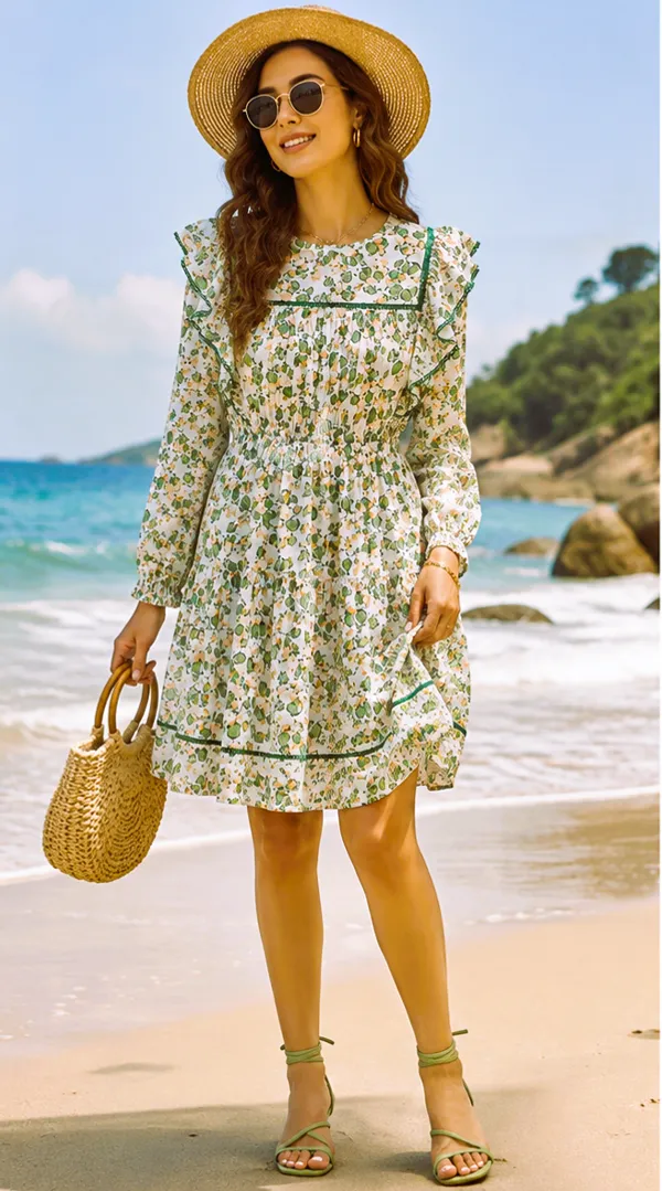 Green_leafy_Print_Viscose_Rayon_Ruffle_Dress_For_Women
