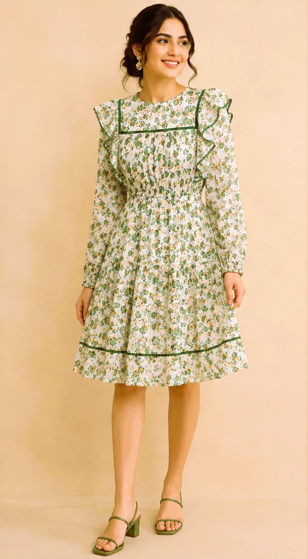 Green_leafy_Print_Viscose_Rayon_Ruffle_Dress_For_Women