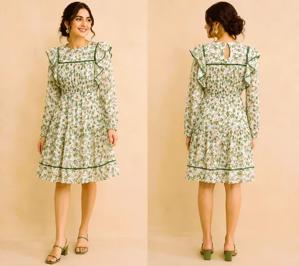 Green_leafy_Print_Viscose_Rayon_Ruffle_Dress_For_Women