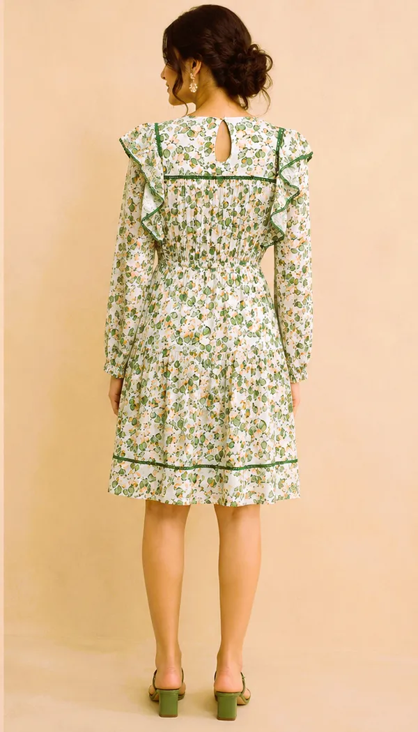 Green_leafy_Print_Viscose_Rayon_Ruffle_Dress_For_Women