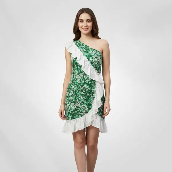 Green_Floral_Cotton_One-Shoulder_Ruffle_Dress_For_Women