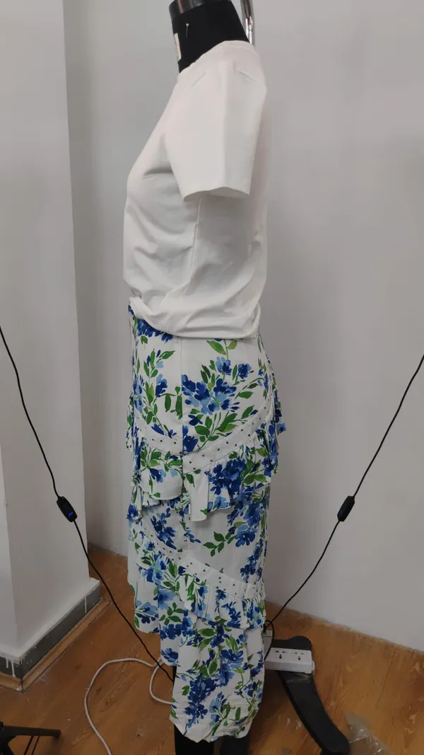 White_Blue_Floral_Viscose_Rayon_T-Shirt_Tiered_Skirt_Co-Ord_Set_For_Women