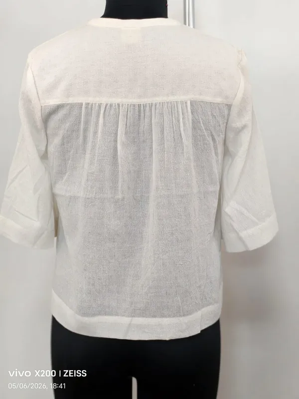 White_Cotton_Dobby_Embroidered_Pleated_Button-Down_Top_For_Women
