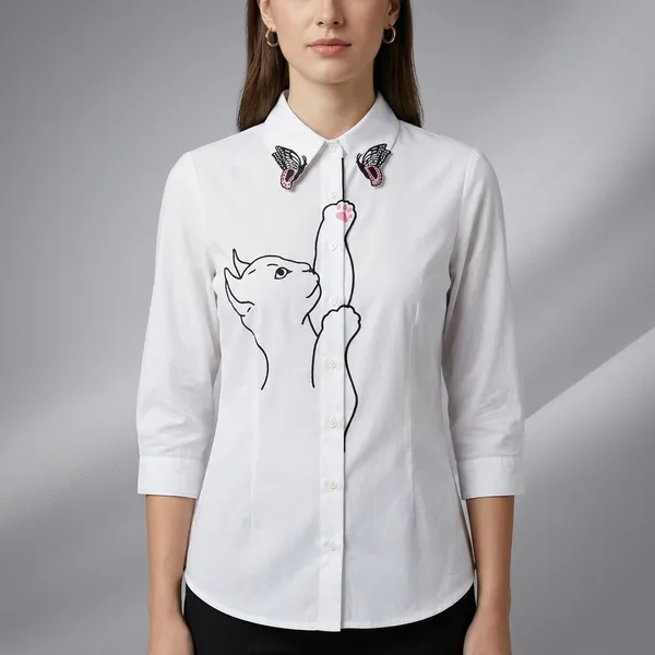 White_Cotton_Cat_Embroidered_Butterfly_Collar_Shirt_For_Women