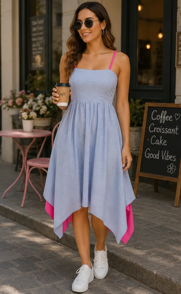Neon_Blue_Cotton_Smocked_Hanky_Dress_For_Women