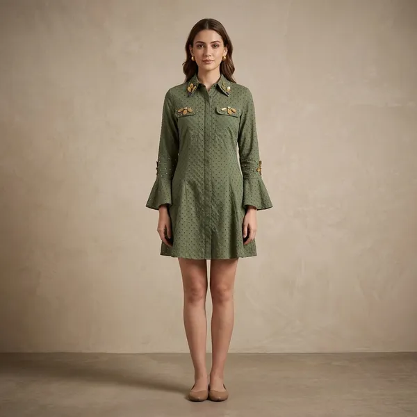 Olive_Green_Schiffli_Polka_Dot_Bell_Sleeve_Shirt_Dress_For_Women