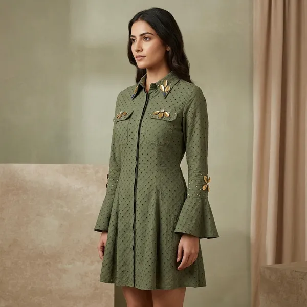 Olive_Green_Schiffli_Polka_Dot_Bell_Sleeve_Shirt_Dress_For_Women