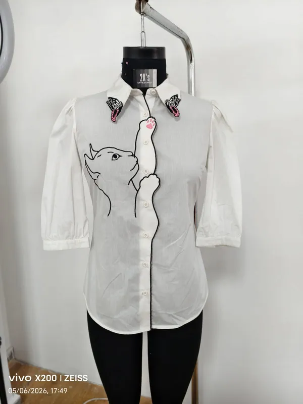 White_Cotton_Cat_Embroidered_Butterfly_Collar_Shirt_For_Women