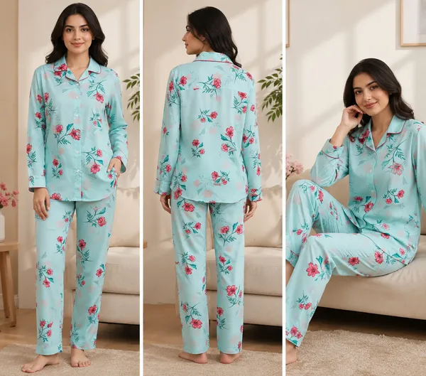 Mint_Blue_Viscose_Rayon_Floral_Print_Shirt_Pyjama_Co-Ord_Set_For_Women