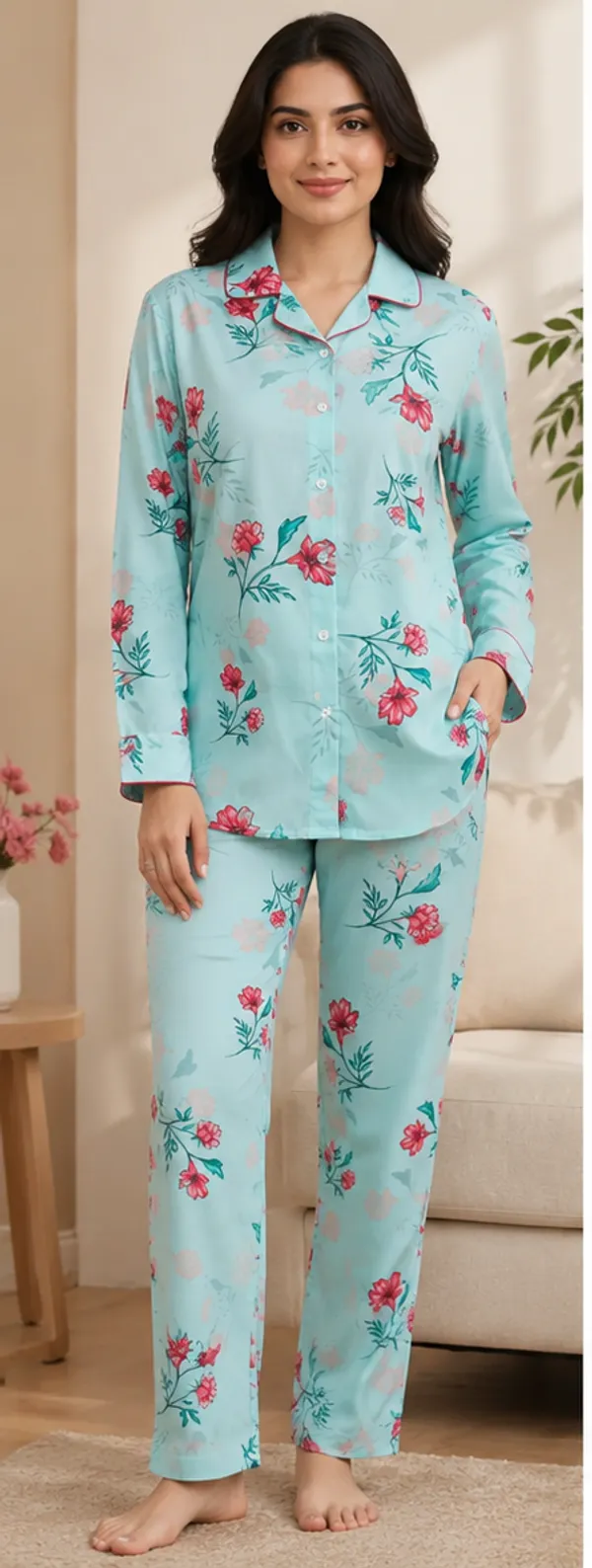 Mint_Blue_Viscose_Rayon_Floral_Print_Shirt_Pyjama_Co-Ord_Set_For_Women