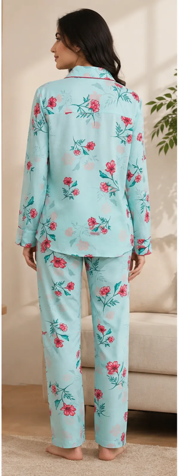 Mint_Blue_Viscose_Rayon_Floral_Print_Shirt_Pyjama_Co-Ord_Set_For_Women