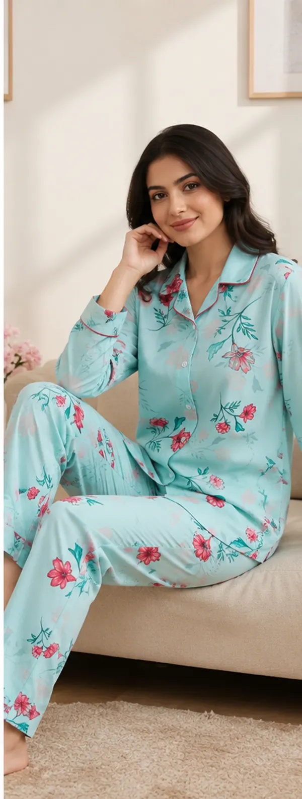 Mint_Blue_Viscose_Rayon_Floral_Print_Shirt_Pyjama_Co-Ord_Set_For_Women