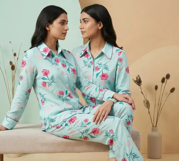 Mint_Blue_Viscose_Rayon_Floral_Print_Shirt_Pyjama_Co-Ord_Set_For_Women