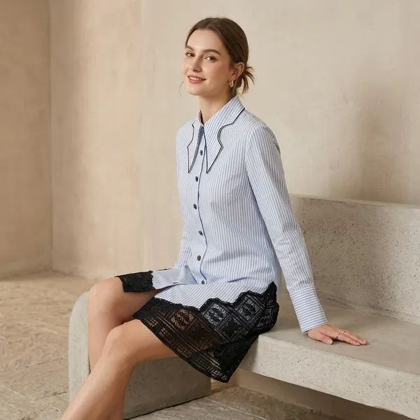 Blue_Cotton_Striped_Lace_Trim_Shirt_Dress_For_Women