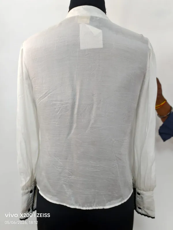 White_Cotton_Silk_Sheer_Black_Trim_Flap_Pocket_Shirt_For_Women