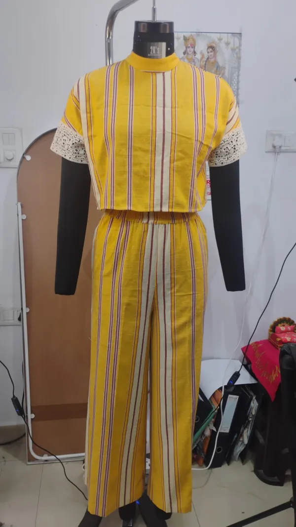 Yellow_Cotton_Striped_Lace_Sleeve_Crop_Top_Co-Ord_Set_For_Women