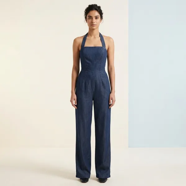 Navy_Blue_Tencel_Denim_Halter_Neck_Smocked_Back_Jumpsuit_For_Women