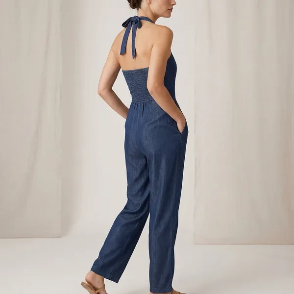 Navy_Blue_Tencel_Denim_Halter_Neck_Smocked_Back_Jumpsuit_For_Women