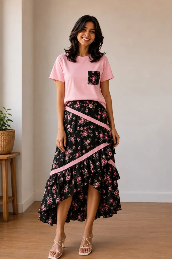 Pink_Black_Floral_Viscose_Rayon_T-Shirt_Tiered_Skirt_Co-Ord_Set_For_Women