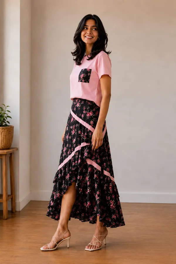 Pink_Black_Floral_Viscose_Rayon_T-Shirt_Tiered_Skirt_Co-Ord_Set_For_Women