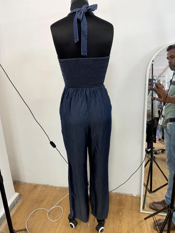 Navy_Blue_Tencel_Denim_Halter_Neck_Smocked_Back_Jumpsuit_For_Women