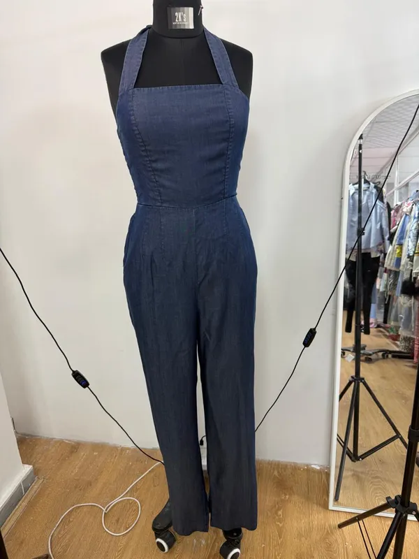 Navy_Blue_Tencel_Denim_Halter_Neck_Smocked_Back_Jumpsuit_For_Women