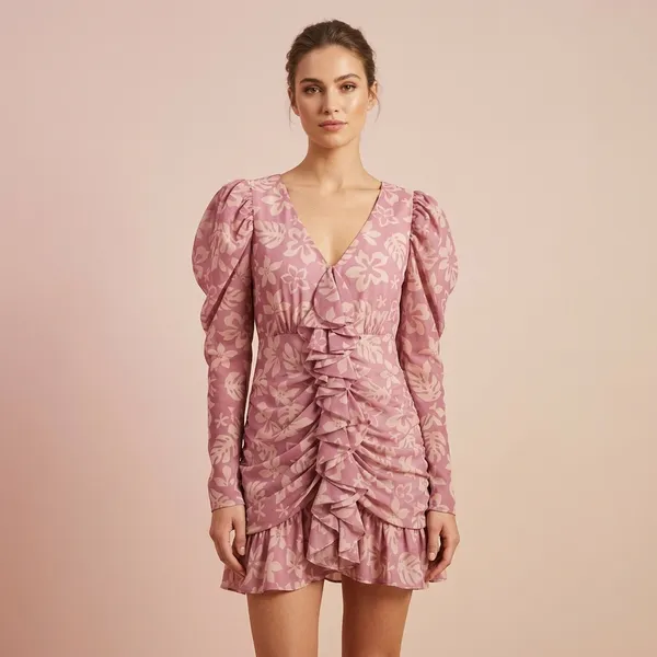 Pink_Floral_Silk_Finish_Poly_Puff_Sleeve_Ruched_Mini_Dress_For_Women