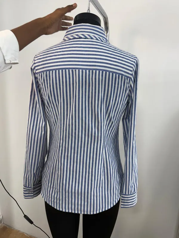 Blue_White_Cotton_Striped_Bow_Tie_Collar_Shirt_For_Women