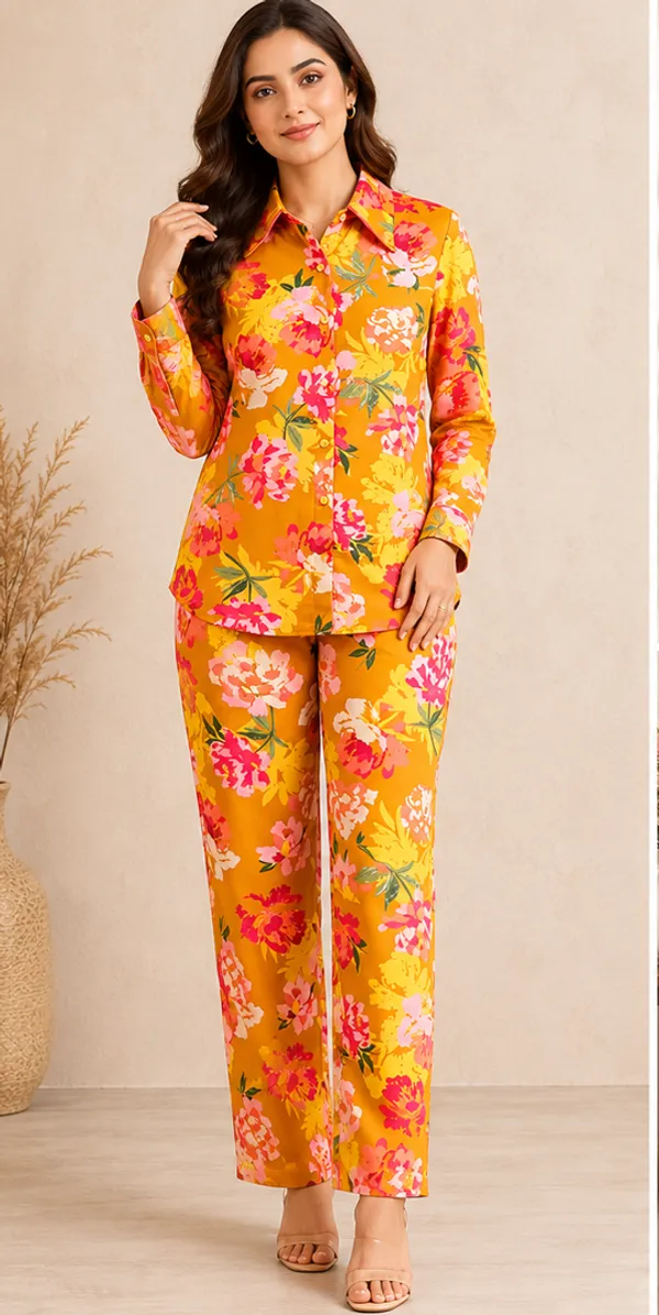 Mustard_Yellow_Viscose_Rayon_Floral_Print_Shirt_Pyjama_Co-Ord_Set_For_Women