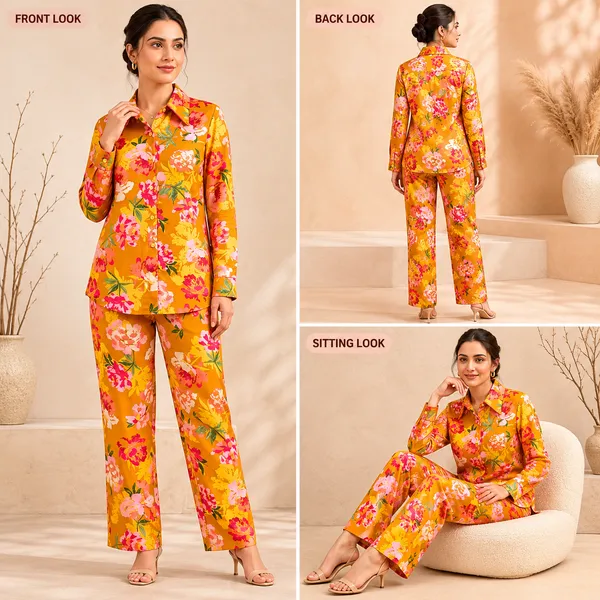 Mustard_Yellow_Viscose_Rayon_Floral_Print_Shirt_Pyjama_Co-Ord_Set_For_Women