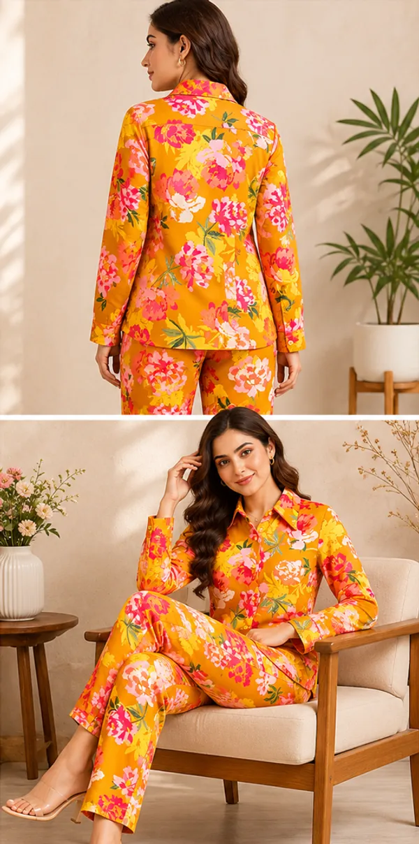 Mustard_Yellow_Viscose_Rayon_Floral_Print_Shirt_Pyjama_Co-Ord_Set_For_Women