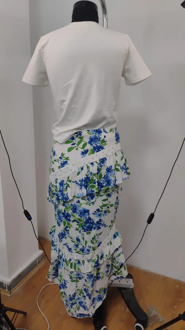 White_Blue_Floral_Viscose_Rayon_T-Shirt_Tiered_Skirt_Co-Ord_Set_For_Women
