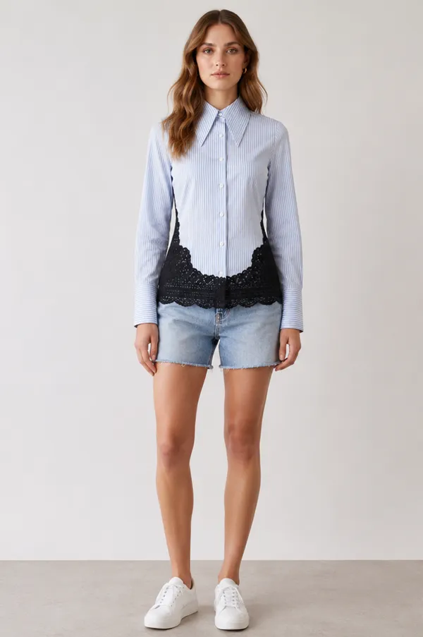 Blue_Stripe_Cotton_Lace_Hem_Formal_Shirt_For_Women
