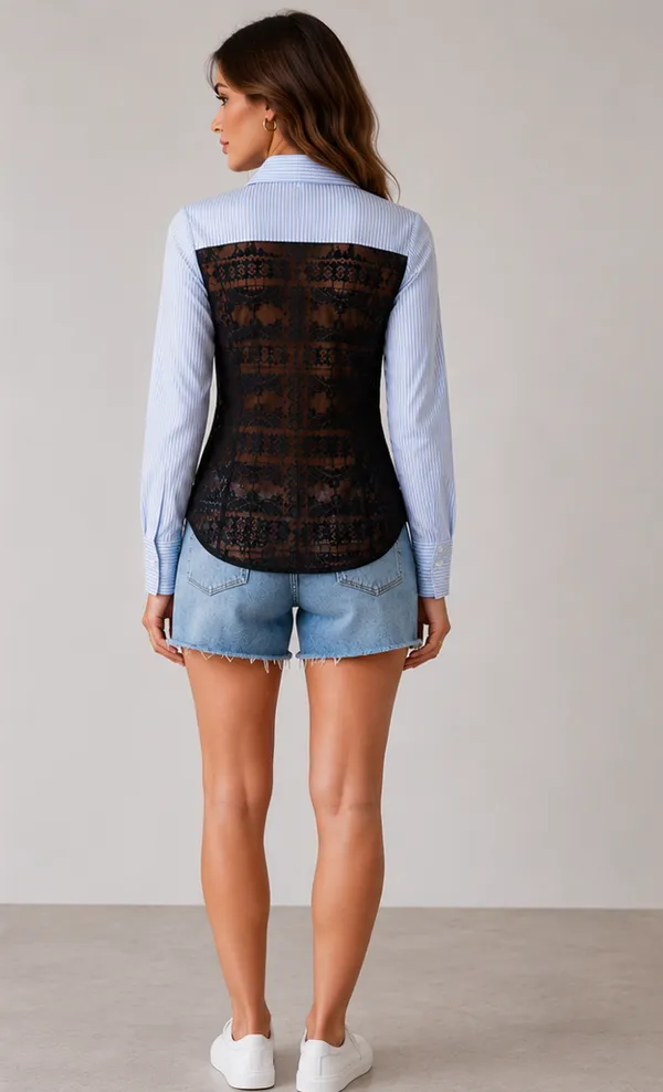 Blue_Stripe_Cotton_Lace_Hem_Formal_Shirt_For_Women
