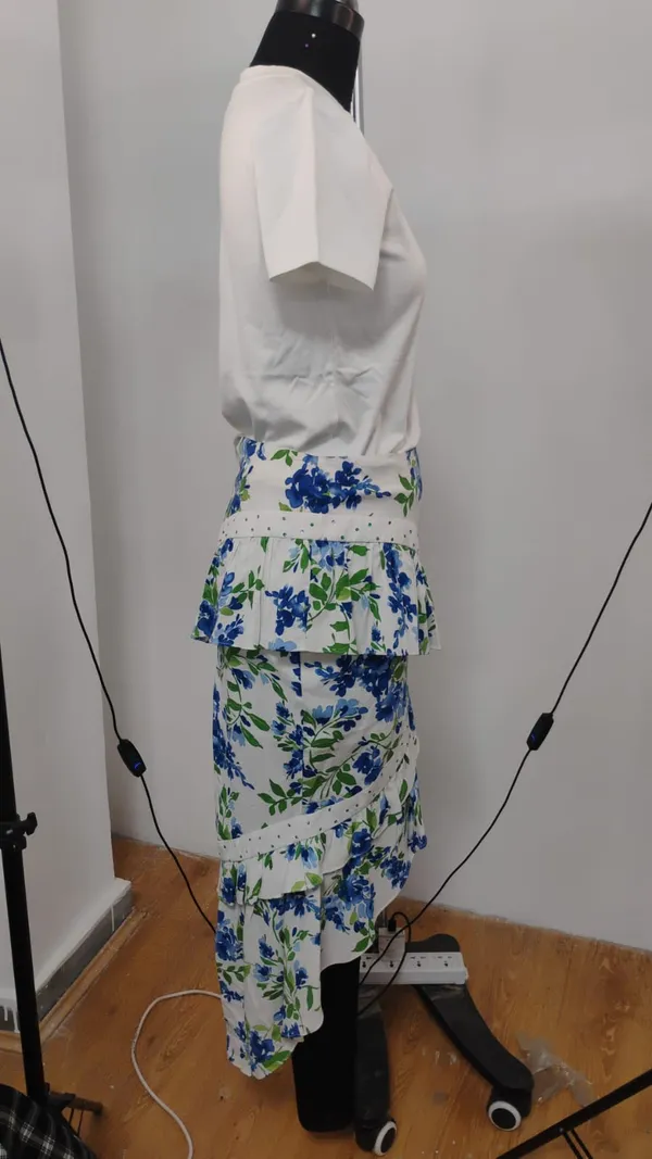 White_Blue_Floral_Viscose_Rayon_T-Shirt_Tiered_Skirt_Co-Ord_Set_For_Women