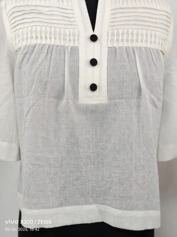 White_Cotton_Dobby_Embroidered_Pleated_Button-Down_Top_For_Women