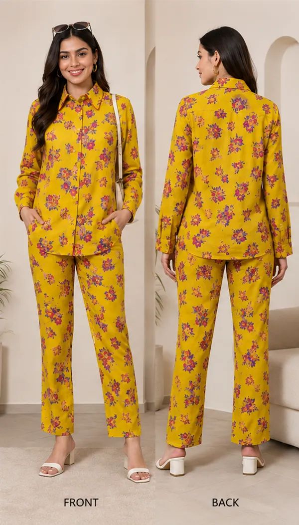 Mustard_yellow_garden_print_Viscose_Rayon_Shirt_Bottom_co-ord_Set_For_Women