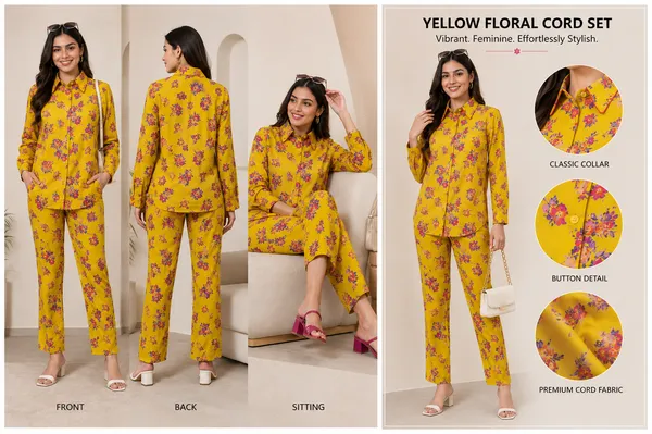 Mustard_yellow_garden_print_Viscose_Rayon_Shirt_Bottom_co-ord_Set_For_Women