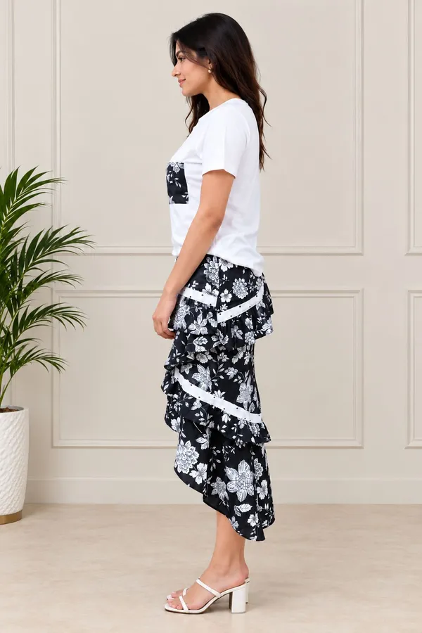 White_Black_Floral_Viscose_Rayon_T-Shirt_Tiered_Skirt_Co-Ord_Set_For_Women