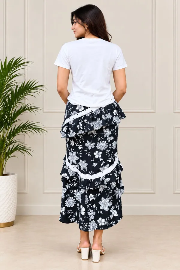 White_Black_Floral_Viscose_Rayon_T-Shirt_Tiered_Skirt_Co-Ord_Set_For_Women