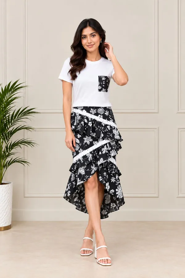 White_Black_Floral_Viscose_Rayon_T-Shirt_Tiered_Skirt_Co-Ord_Set_For_Women