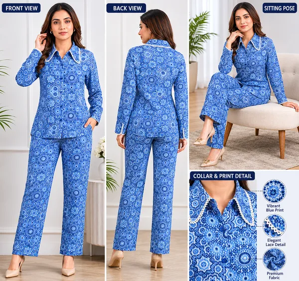 Blue_Viscose_Rayon_Mosaic_Print_Shirt_Pajama_Co-Ord_Set_For_Women