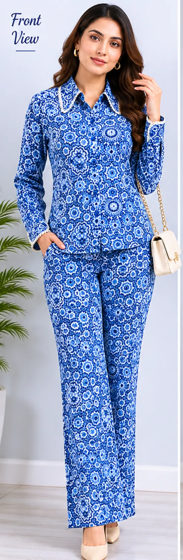 Blue_Viscose_Rayon_Mosaic_Print_Shirt_Pajama_Co-Ord_Set_For_Women