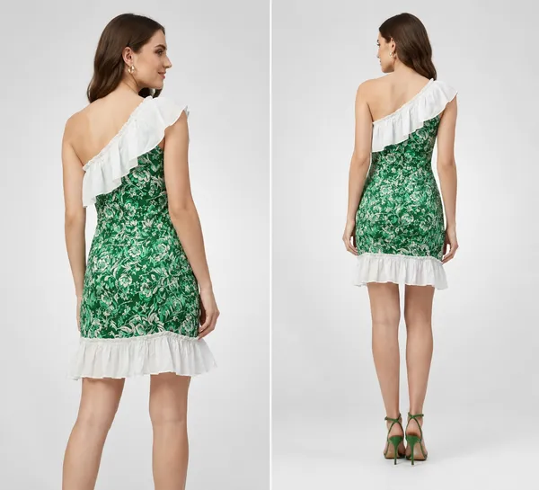 Green_Floral_Cotton_One-Shoulder_Ruffle_Dress_For_Women