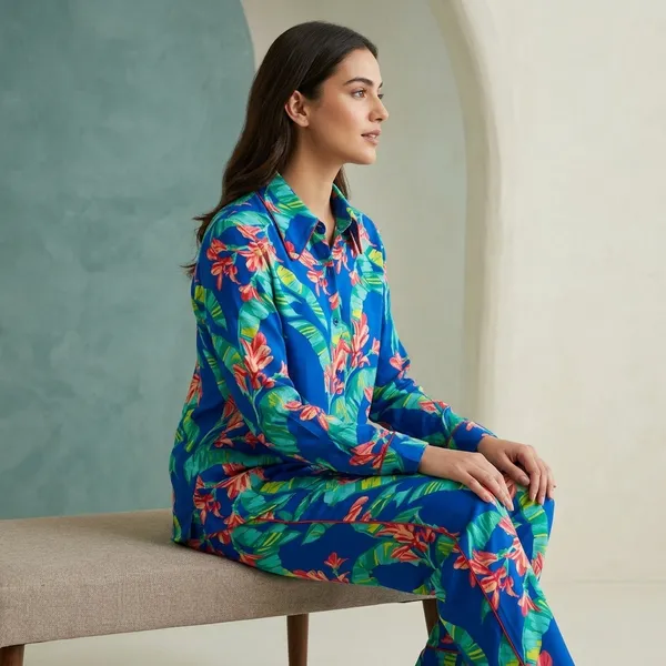 Blue_Tropical_Print_Viscose_Rayon_Shirt_Pyjama_Co-Ord_Set_For_Women